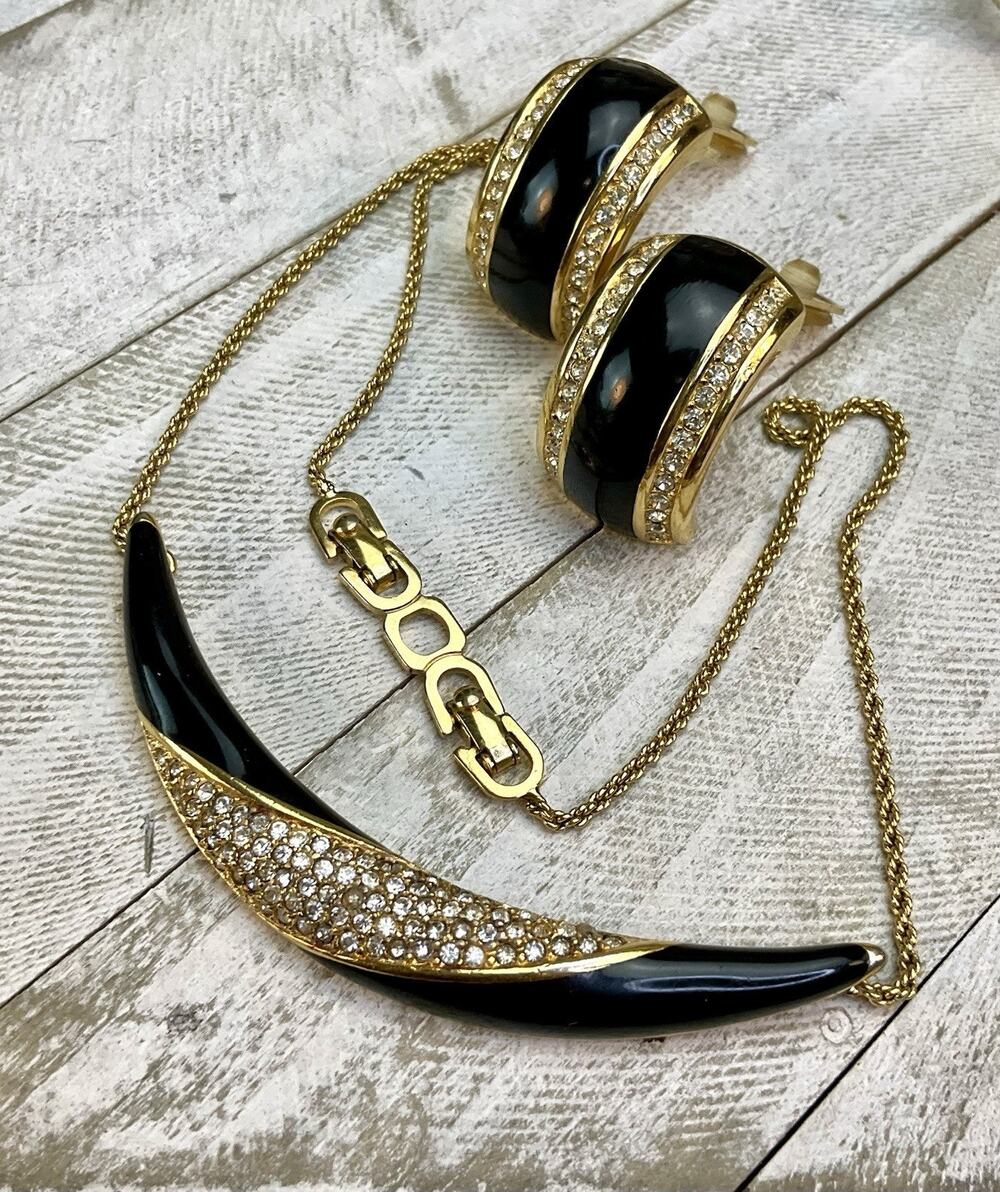 Christian Dior Vtg 1980s Black Enamel Pave Rhinestone Necklace Clip Earrings Set